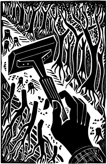 "Not Out of the Woods Yet" - The New York Times - Op-Ed page -On Earth Day April 20, 2006 - Linoleum Cut: 14"x9"- 35x23cm