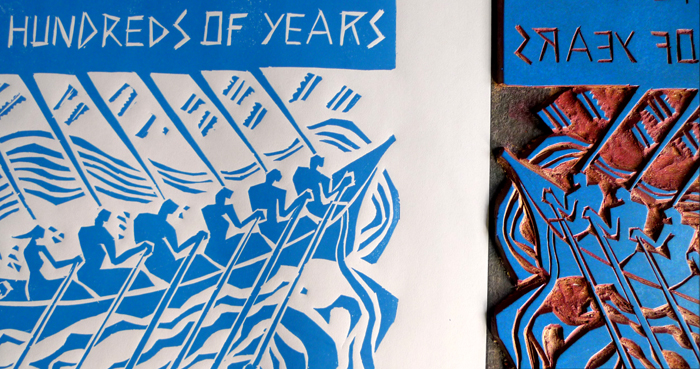 community on board, linoleum cut.